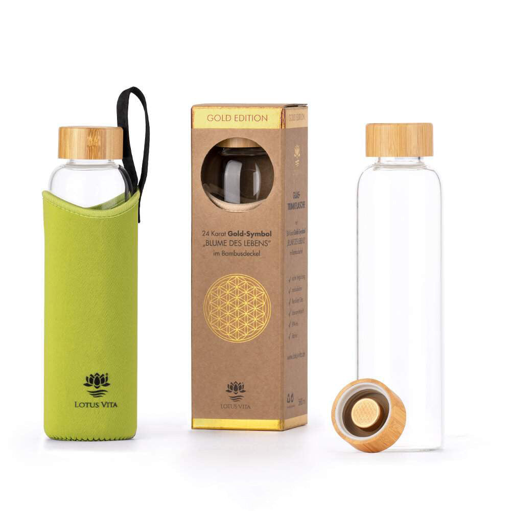 Lotus Vita Glas-Trinkflasche 580ml - Grün/Schwarz - Gold-Edition