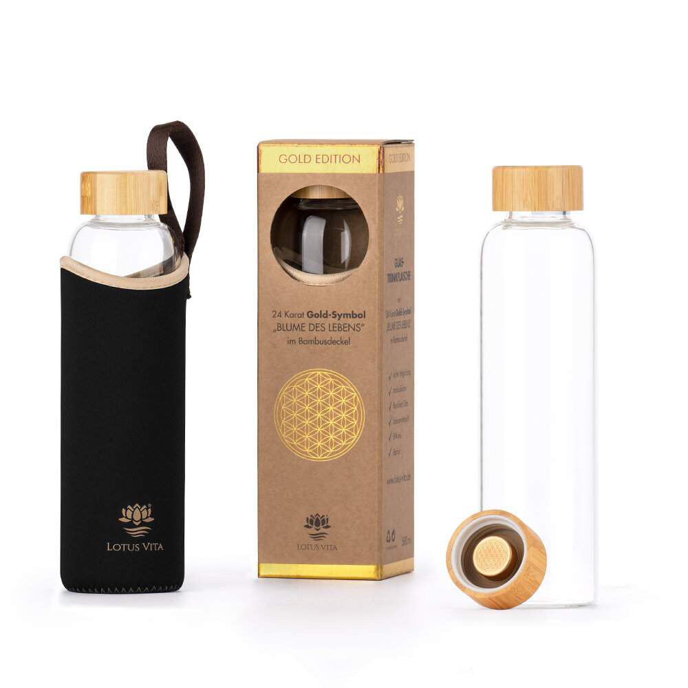 Lotus Vita Glas-Trinkflasche 580ml - Braun/Schwarz - Gold-Edition