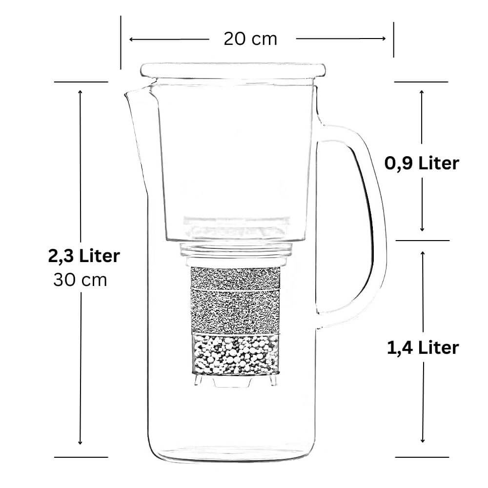 Lotus Vita Wasserfilter Glaskanne Enya mit Bambusdeckel 1,4L - Natura Plus Maße