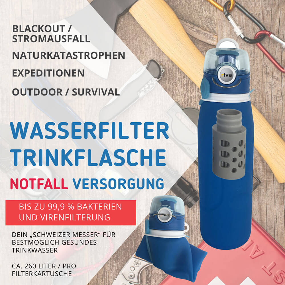 riva PURA Outdoor Wasserfilterflasche 1 Liter - Blau Faltbar infografik